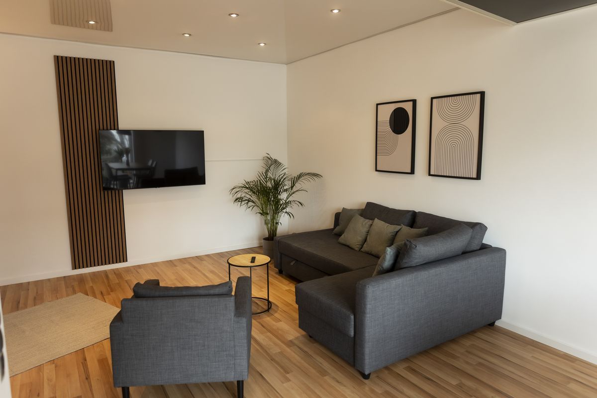 Wohnzimmer mit Holzlamellenwand