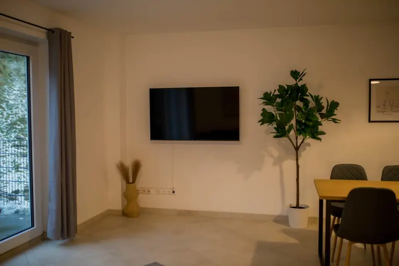 Wohnbereich mit Smart-TV und Essplatz