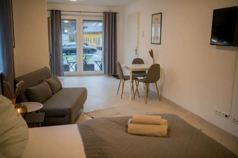 Wohnbereich mit Schlafsofa, Essplatz und Smart-TV