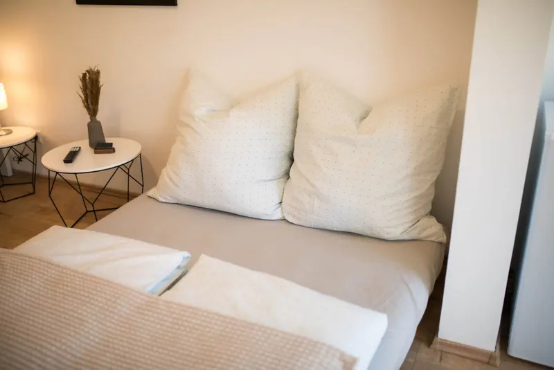 Bezogenes Schlafsofa mit Kissen